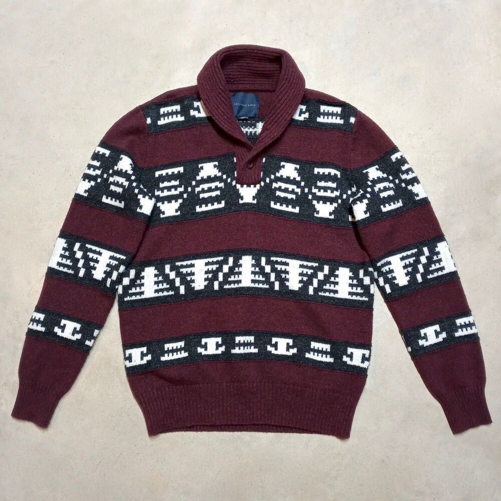American Eagle Knitted Sweater Size MEDIUM Native Aztec Print Shawl Neck Collar